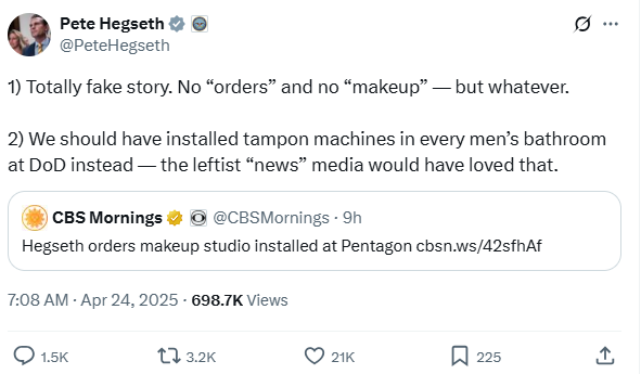 联华配资 五角大楼改建了一个化妆室？美国防部长赫格塞斯再度掀起争议